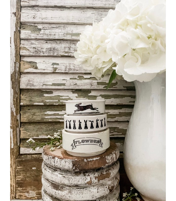 Antique English Ironstone Riser stack of 3 w/ Rabbit/Flowers transfers - LTD